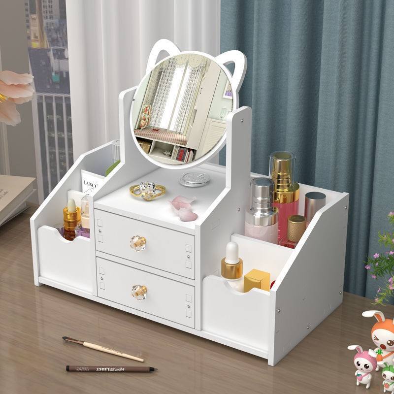 Multifunctional Wood Luxury White Round Mirror Nordic Cosmetic Storage Box Makeup Organizer with Cat Ears with Mirror